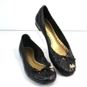 BCBG MAXZRIA Girls Sz 8B Black Embellished Ballet Flat Heels Gold Logo Charms